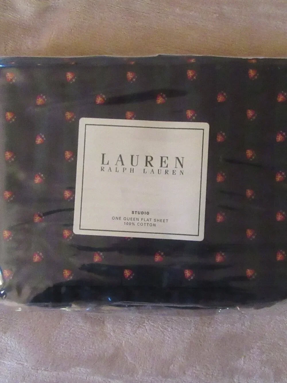 New in Package Unused Vintage Ralph Lauren Queen Flat Sheet Studio Crest Stripe